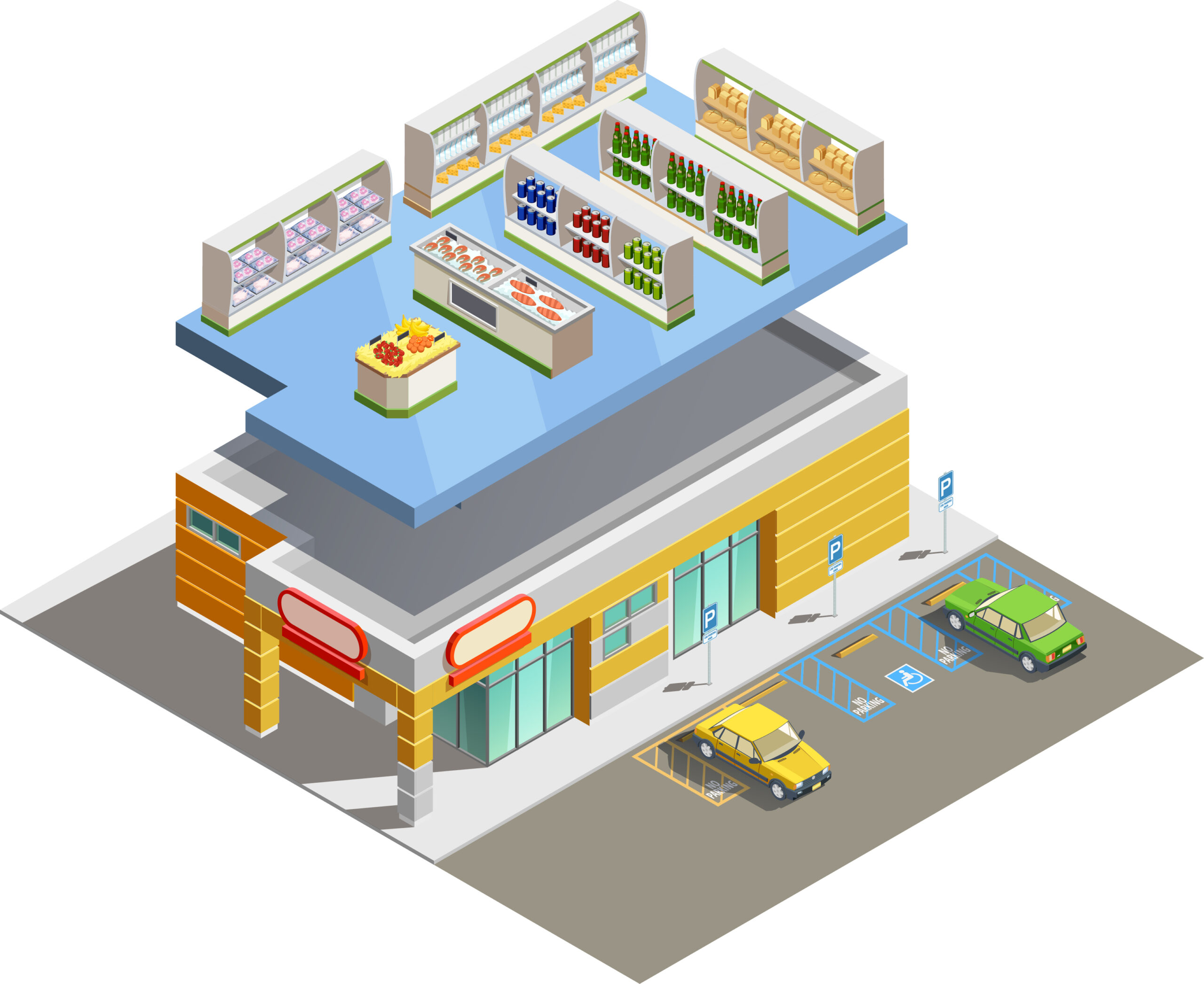 Supermarket store building exterior and interior ground floor composition isometric view with adjacent parking lot vector illustration